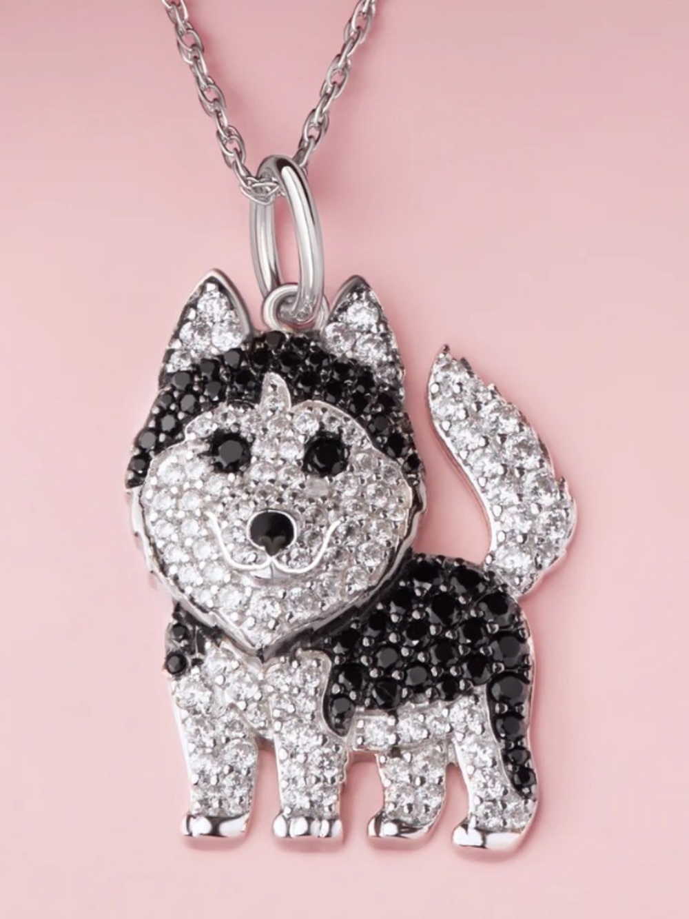 NWT Silver/Black Husky Dog Sparkling Cubic Zirconia Pendant Necklace